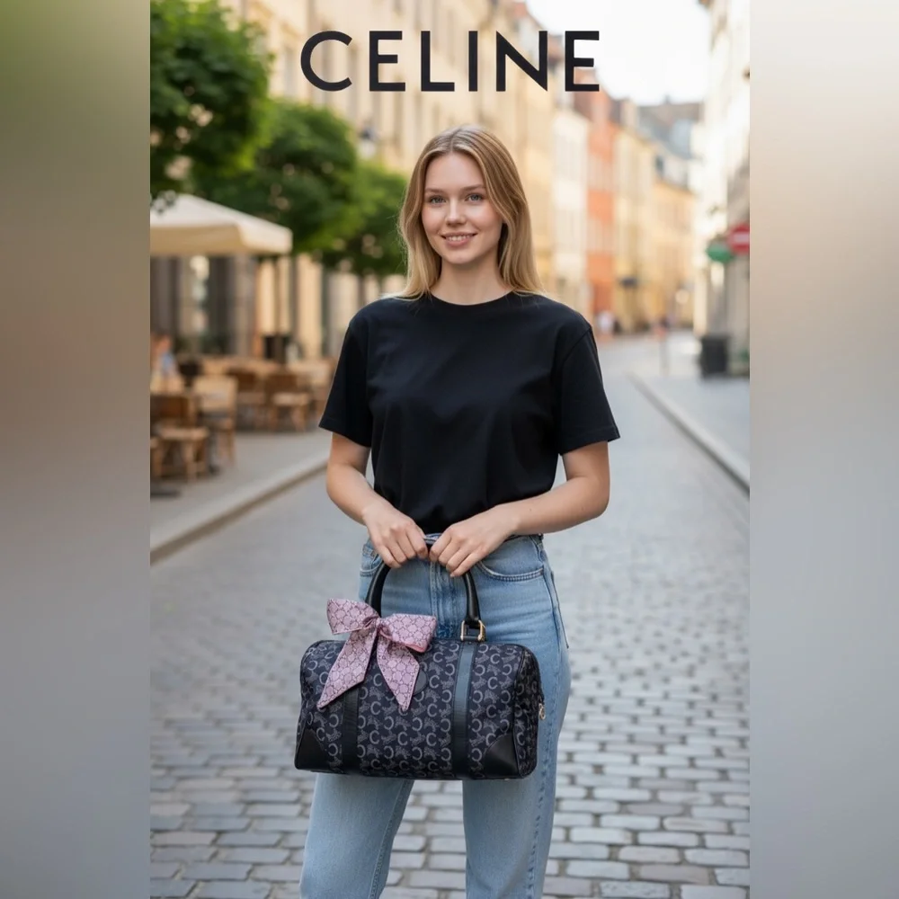 CELINE Horse Carriage C Macadam Canvas Large Hand Bag in Navy Blue